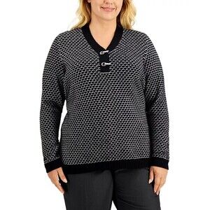 Karen Scott Womens XL Henley V-Neck Sweater Black & White